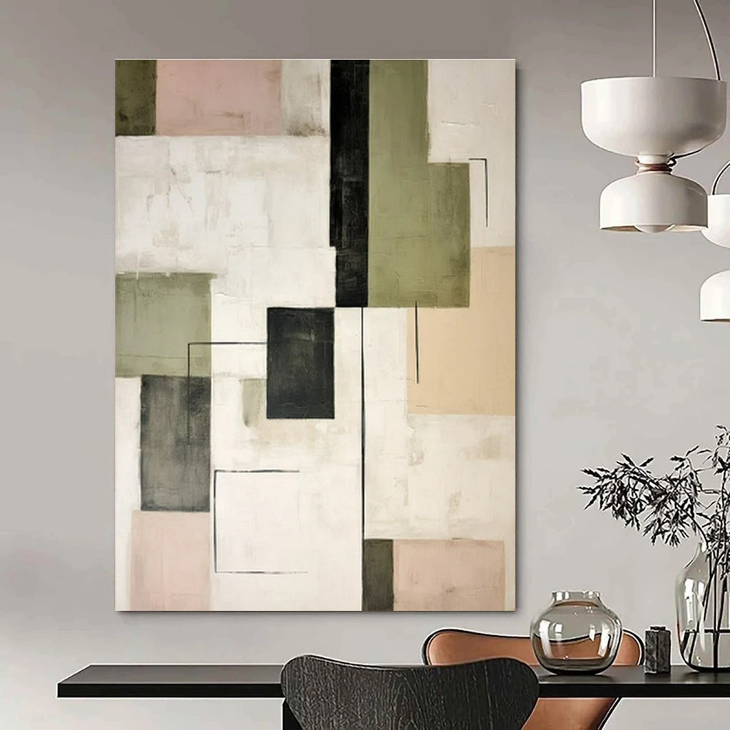 Green, Gray, Black, Beige, Pink with Geometric Forms "Playful Grid" Abstract Painting On Canvas PS1446