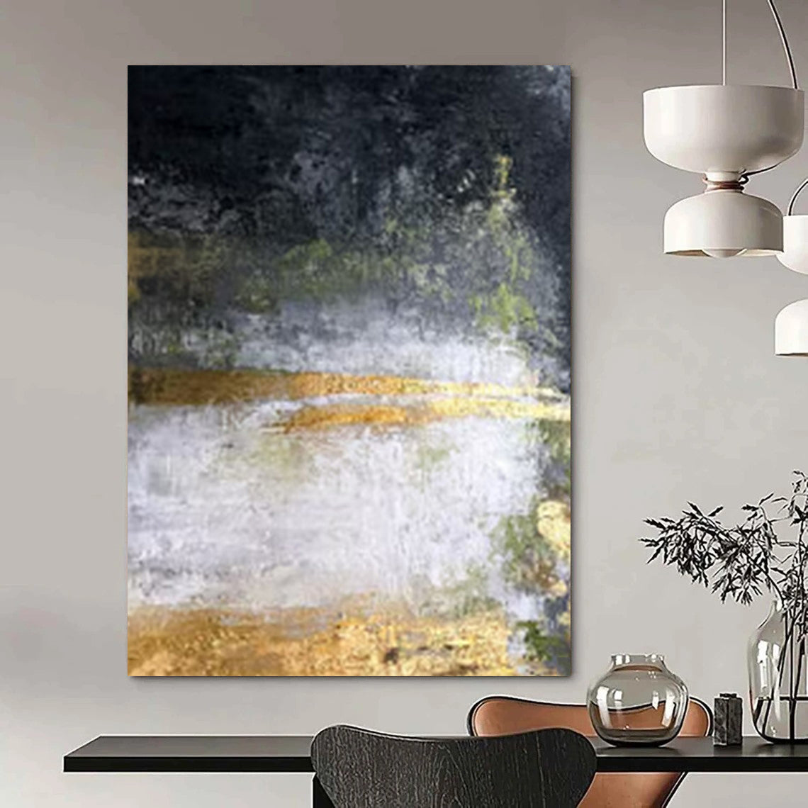 Black, Green, Gold, and White Layered, "Mystic Veil" – Layered Abstract Painting On Canvas PS1008