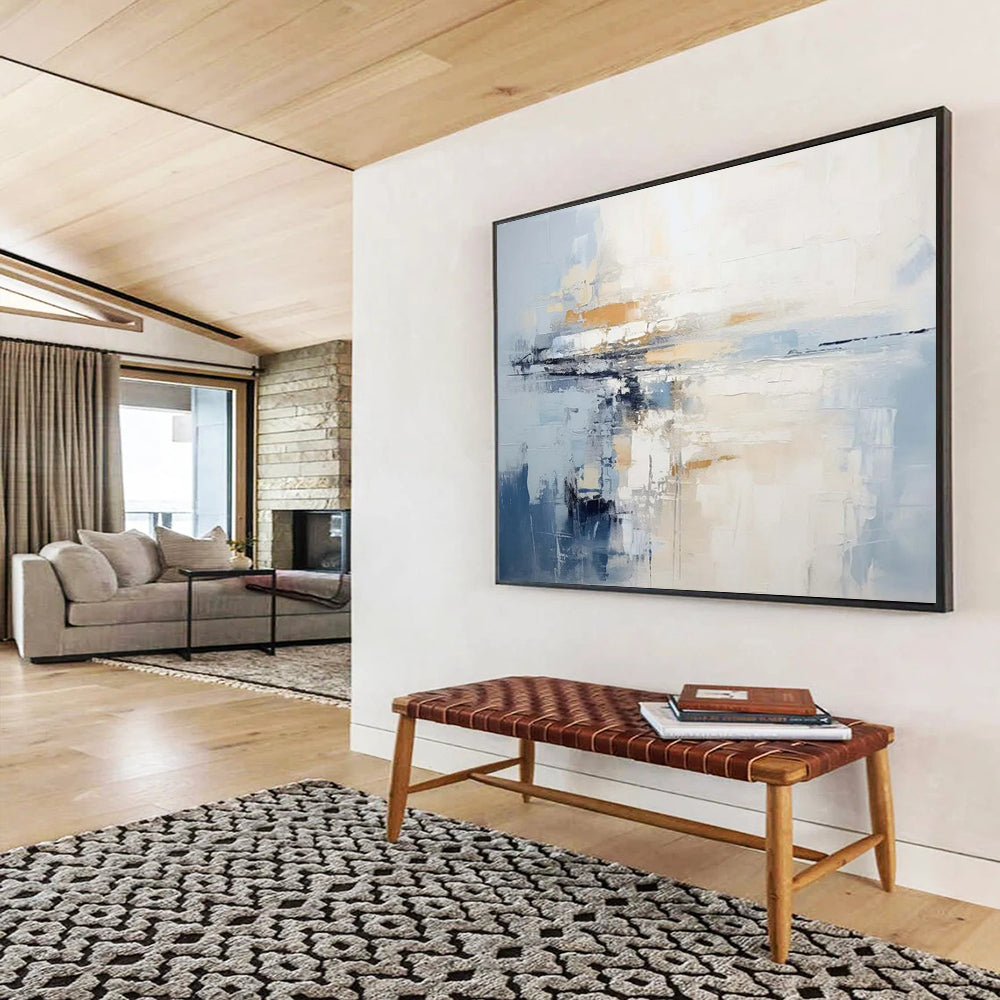 “Blue and Beige Abstract Horizon” - Minimalist Landscape Painting On Canvas PT090