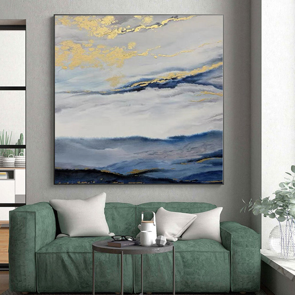 “Blue - White - Gold Cloudy Landscape” - Blue, White, Gold Abstract Landscape Painting On Canvas PS0584