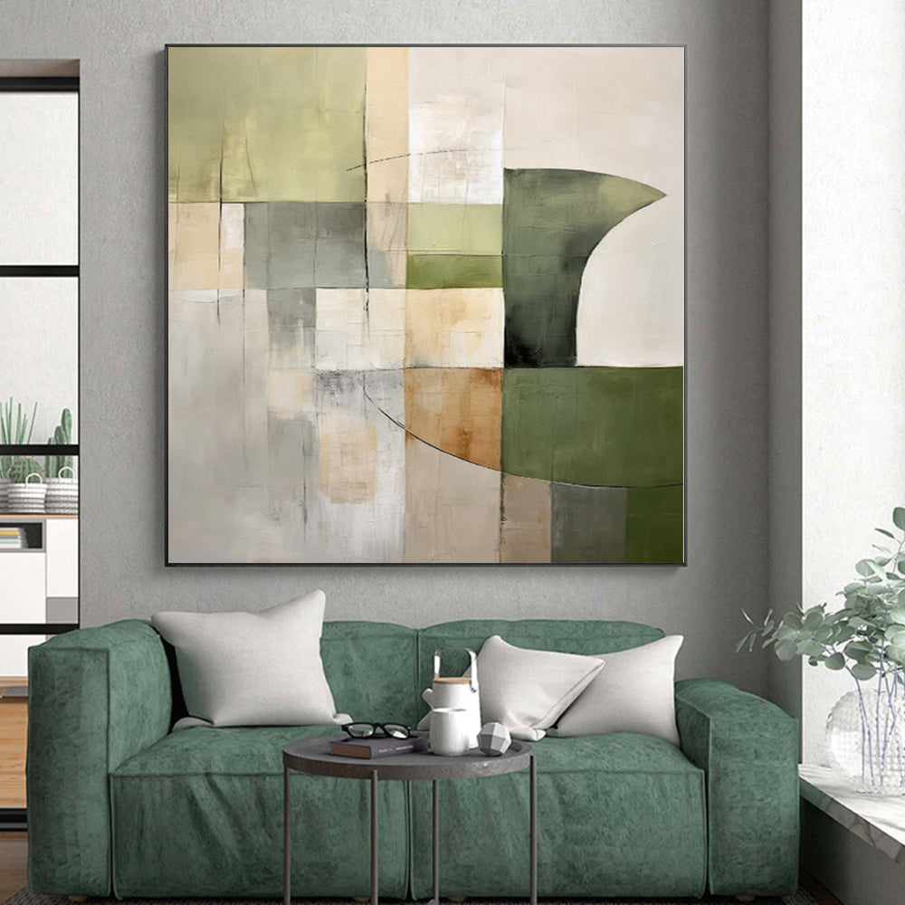 “Green - Gray Geometric Blocks” - Green, Gray Abstract Geometric Painting On Canvas PS0394