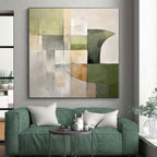 “Green - Gray Geometric Blocks” - Green, Gray Abstract Geometric Painting On Canvas PS0394