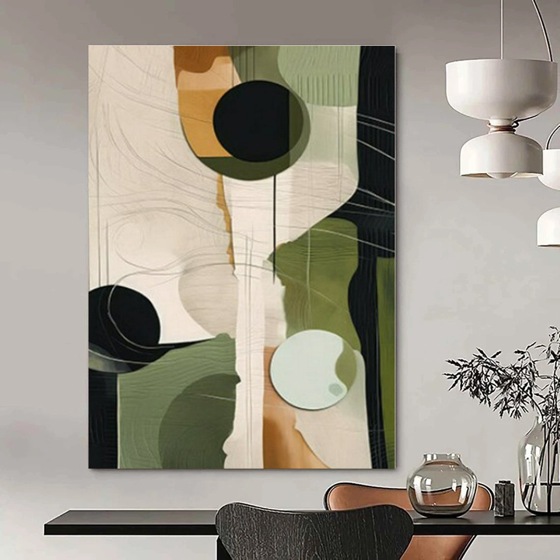 Green, Beige, Black with Geometric Forms "Geometric Growth" Abstract Painting On Canvas PS1276