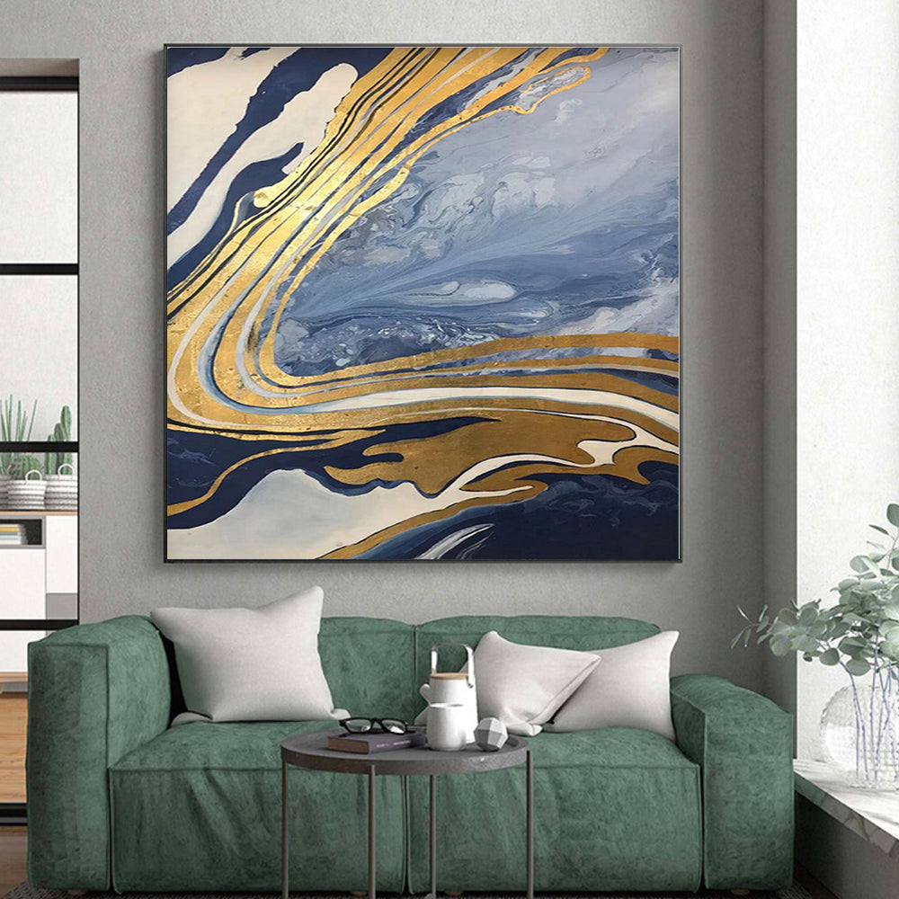“Blue - Gold Marble Flow” - Blue, Gold, White Abstract Painting On Canvas PS0564