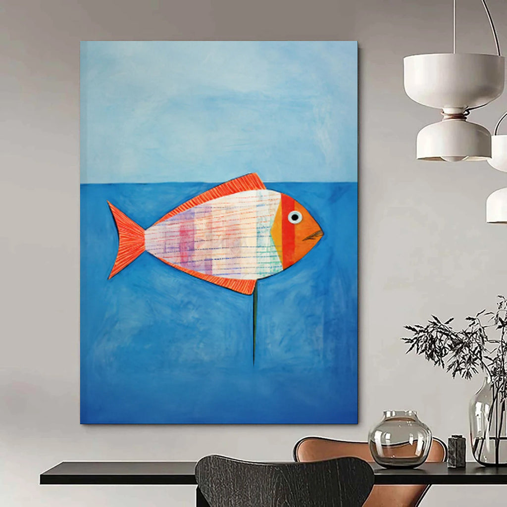 “Colorful Striped Fish on Blue” - Naive Art - Inspired Painting On Canvas PT1836