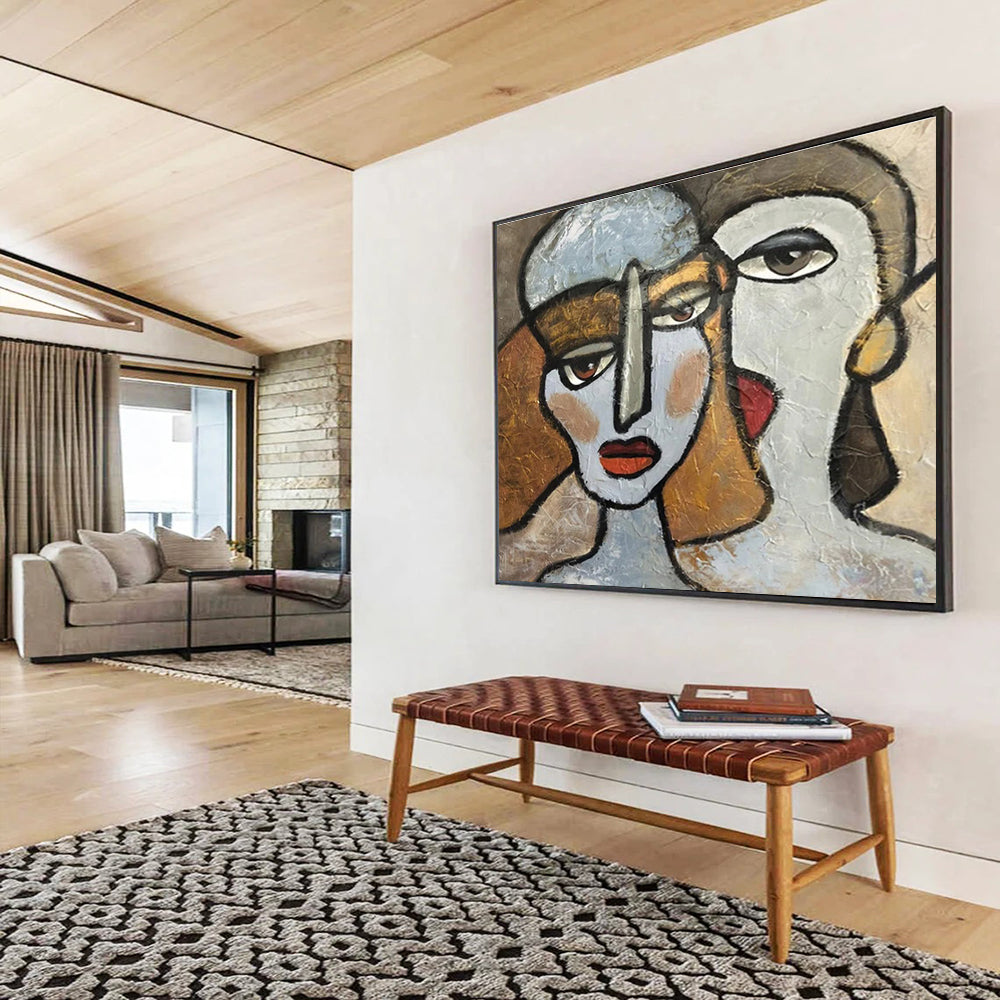 “Cubist - Style Dual Faces” - Abstract Portrait, Cubist - Inspired Figure Painting On Canvas DKS719