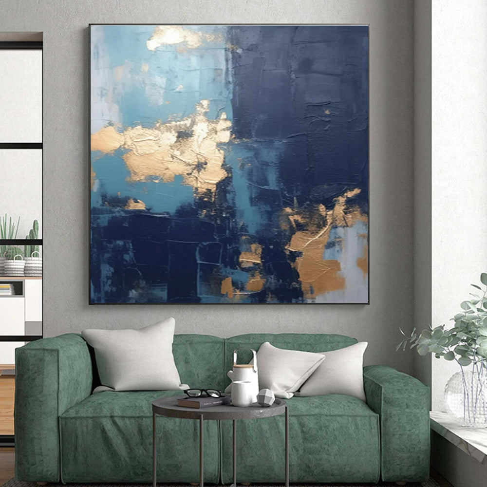 “Teal - Navy - Gold Abstract Textured Splashes” Painting On Canvas PS0837