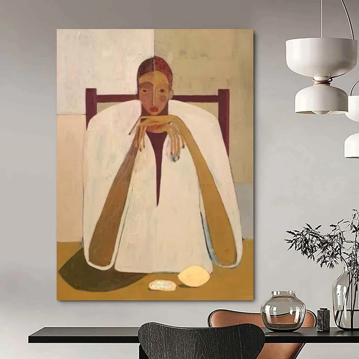 “Seated Figure” - Minimalist Shapes & Subtle Colors Painting On Canvas DS142