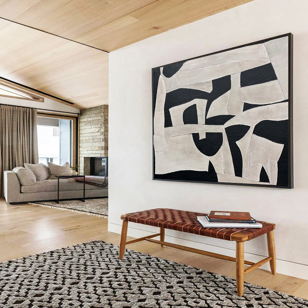 “Black and White Geometric Shapes” - Cubist Abstract Painting On Canvas PT093