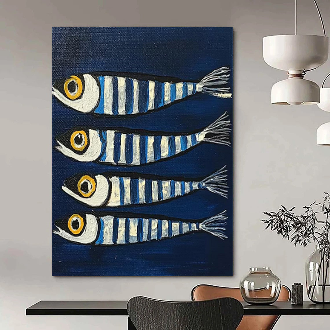Blue, White, Yellow with Striped Fish "Sea Stripes" Naive Art Painting On Canvas PS1189