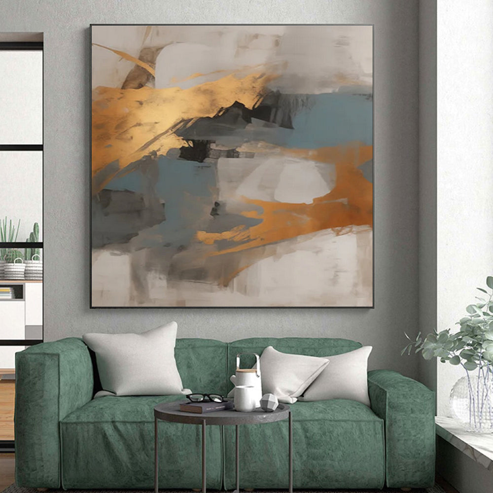 Gray, Gold & Blue Abstract Blocks "Skyward Harmony" Painting On Canvas PS0848