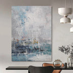Blue, Gray and White with Textured Impressions "Coastal Haze" Abstract Landscape Painting On Canvas PS1108