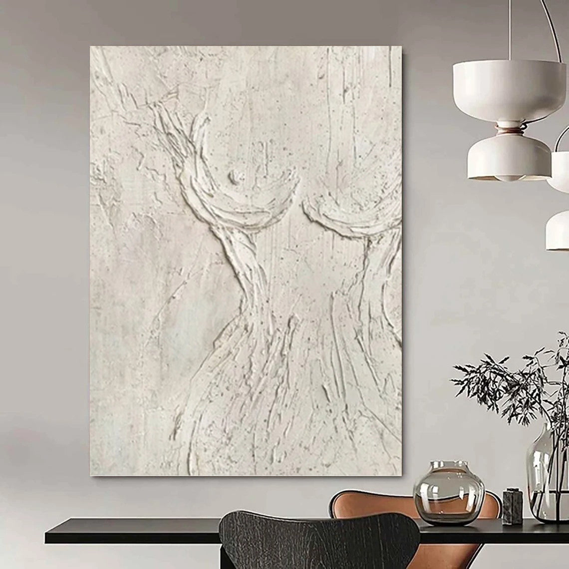 “White Textured Figure Abstract” - Minimalist Plaster Painting On Canvas PT0989