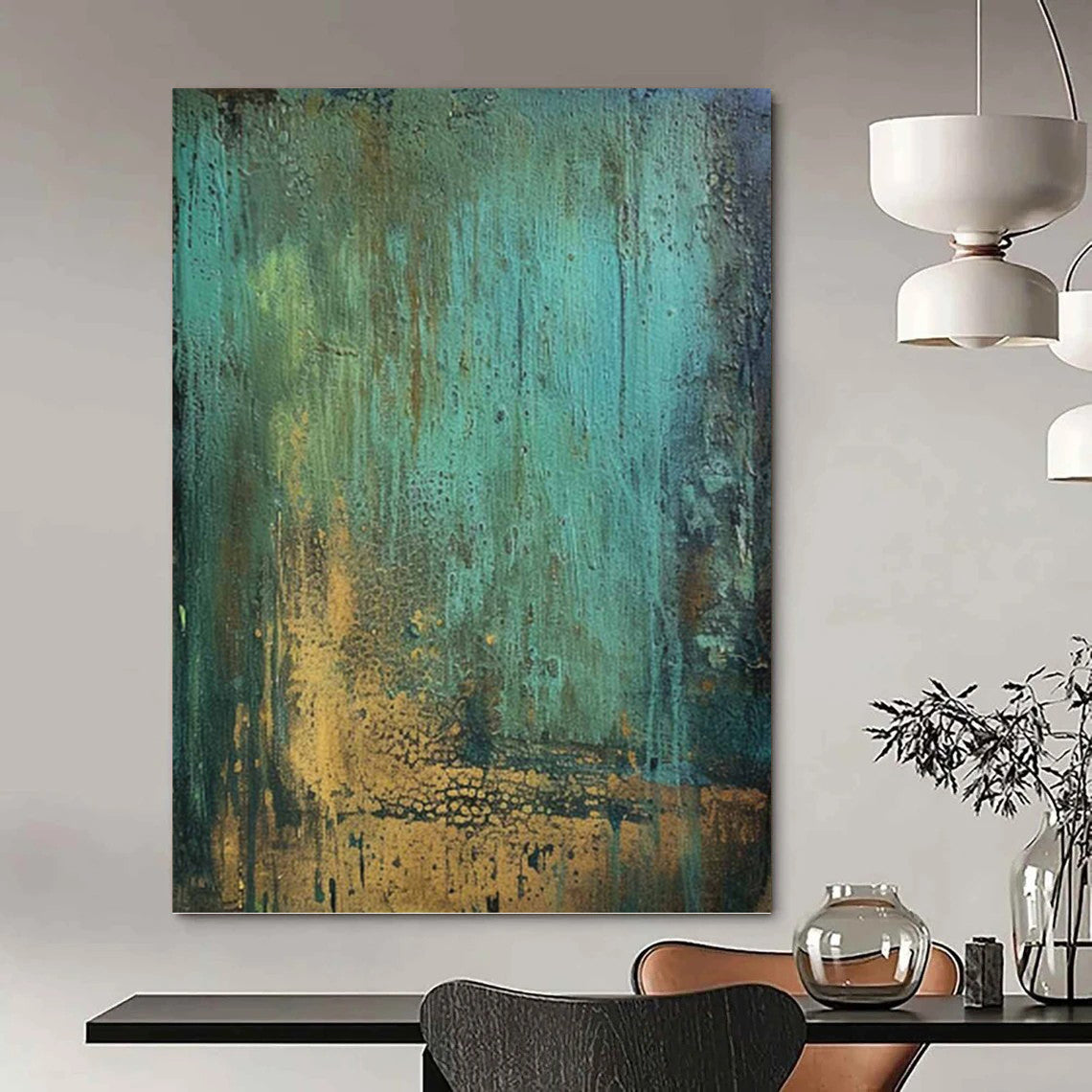 “Teal - Gold Textured Fusion” - Textured Abstract Painting On Canvas PT1194