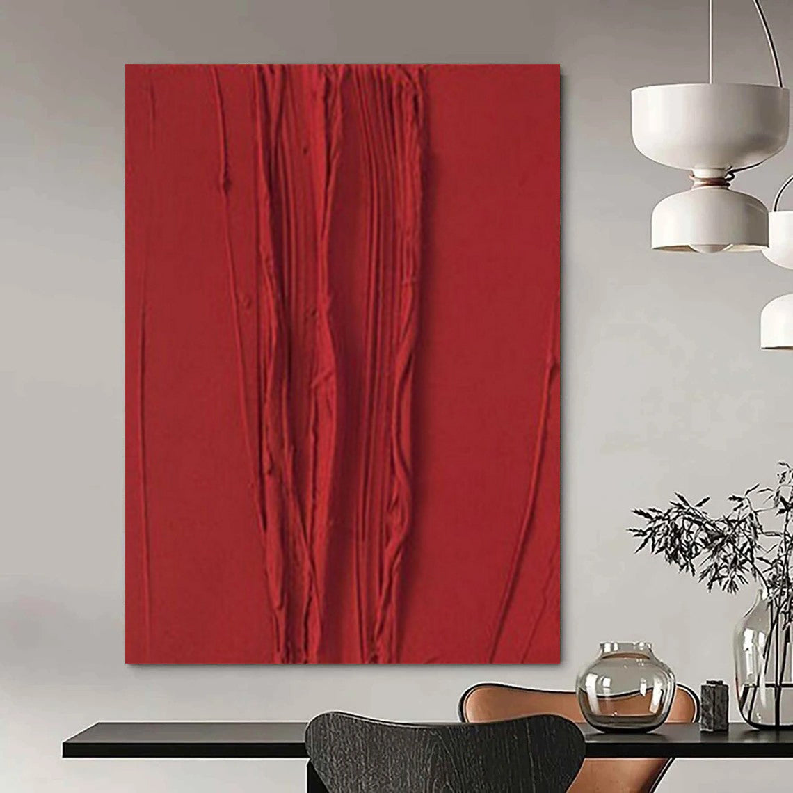 Textured Red Vertical Ridges "Crimson Currents" Relief Sculpture On Canvas PS1071