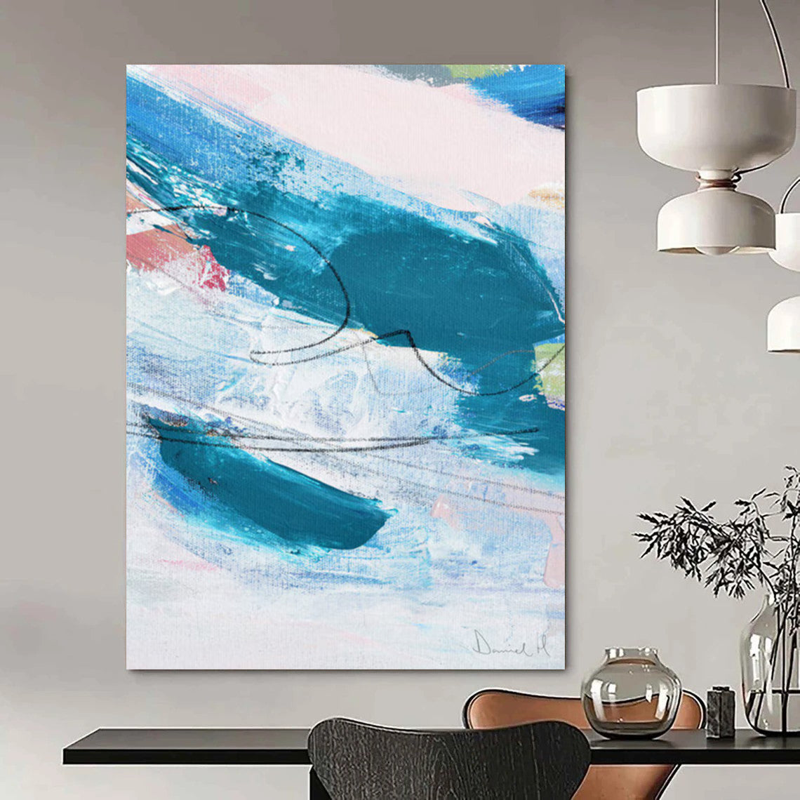 “Blue - Swirl Abstract” - Dynamic Blue Strokes & Black Lines Painting On Canvas DS151