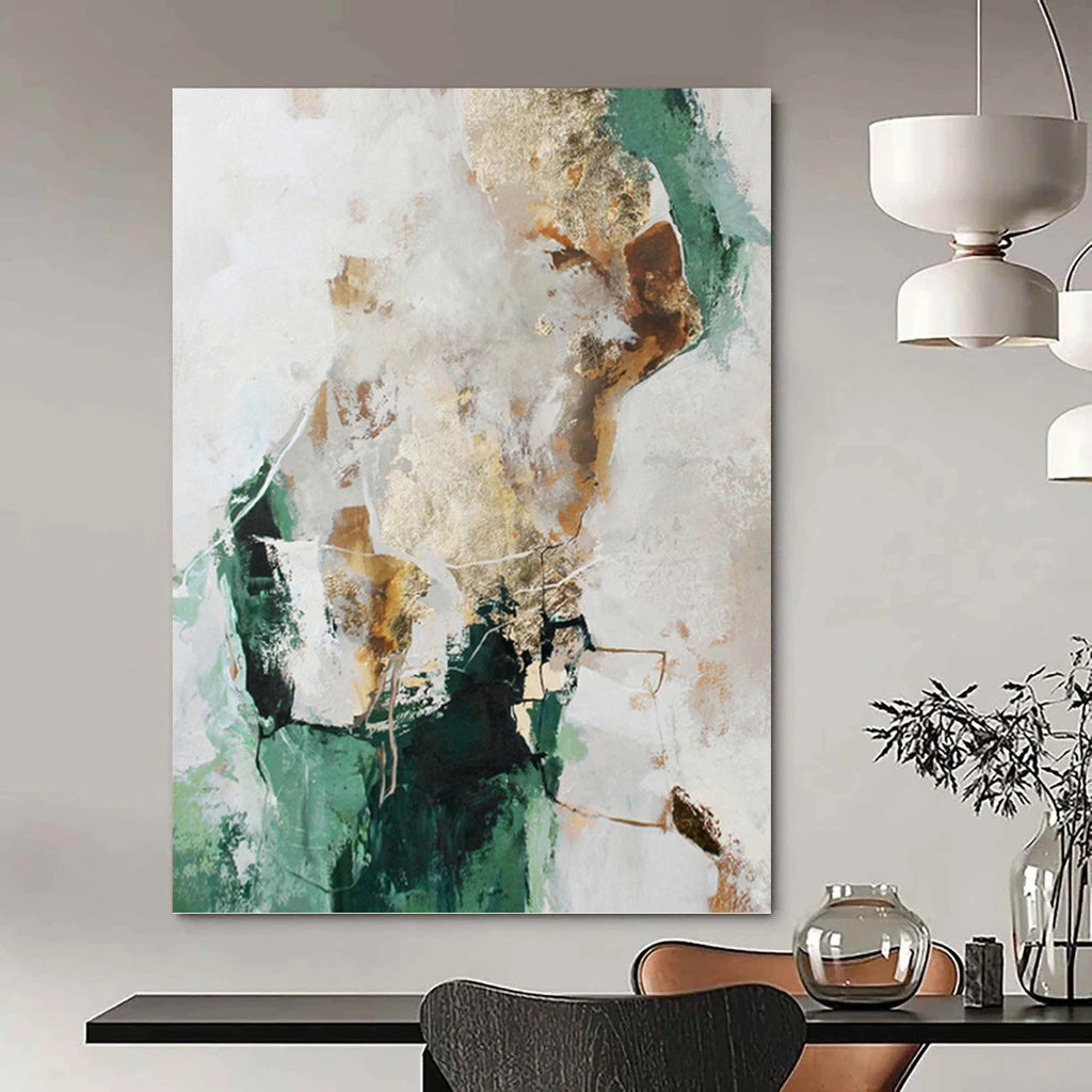 “Green, Gold and White Abstract” - Nature - Inspired Luxe Painting on Canvas PT1008