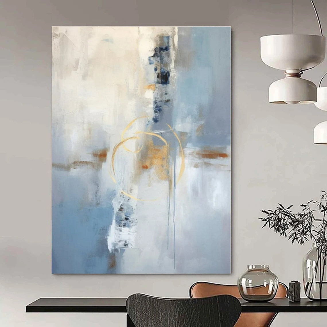 Blue, White, Gold with Abstract Forms "Golden Abstraction" Abstract Painting On Canvas PS1333