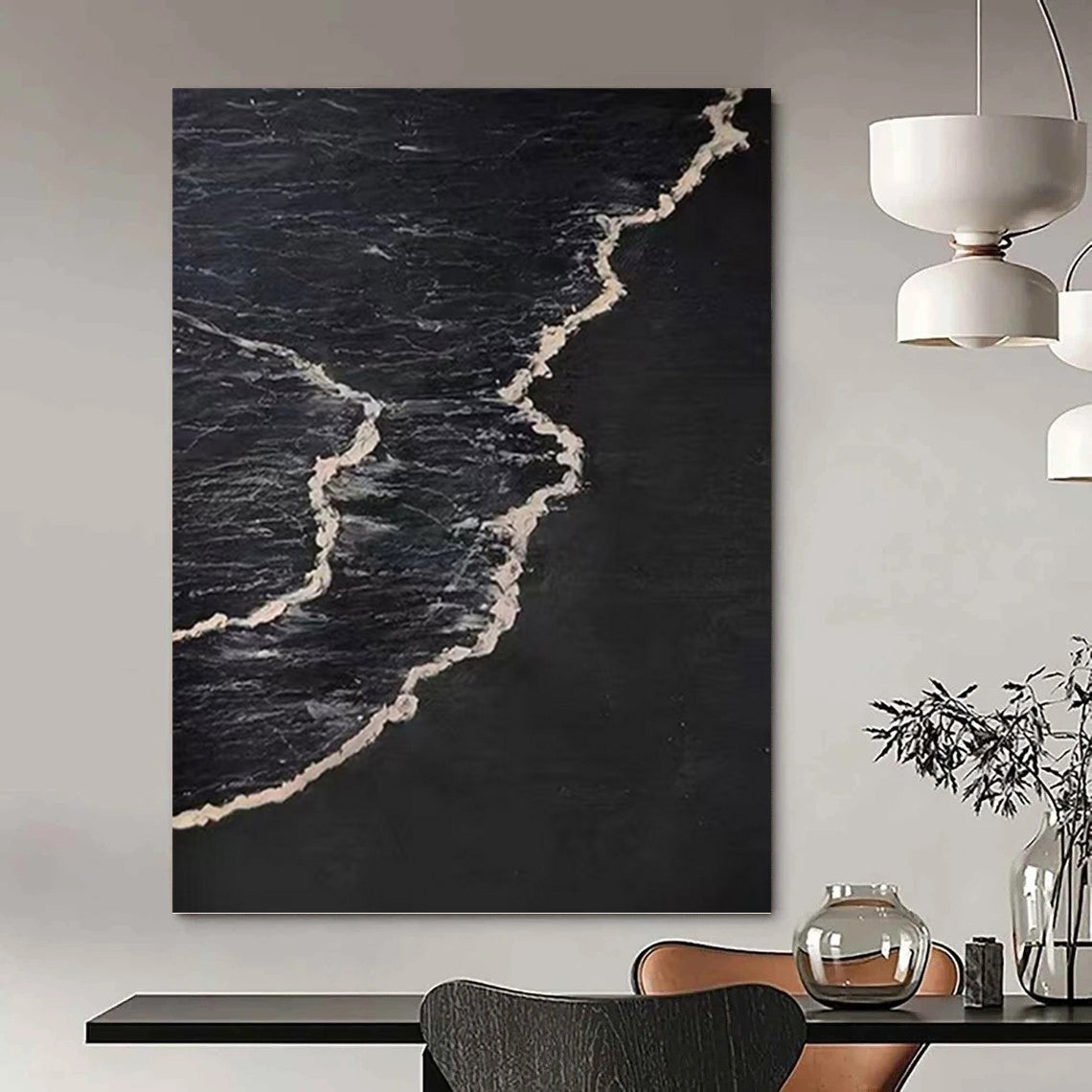 “Black and White Waves: Minimalist Ocean Art” - Bold Coastal Abstract On Canvas PT0959