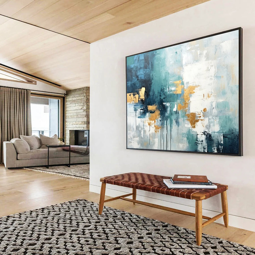 “Teal, Gray, and Gold Abstract Drips” - Modern Abstract Painting On Canvas PT073