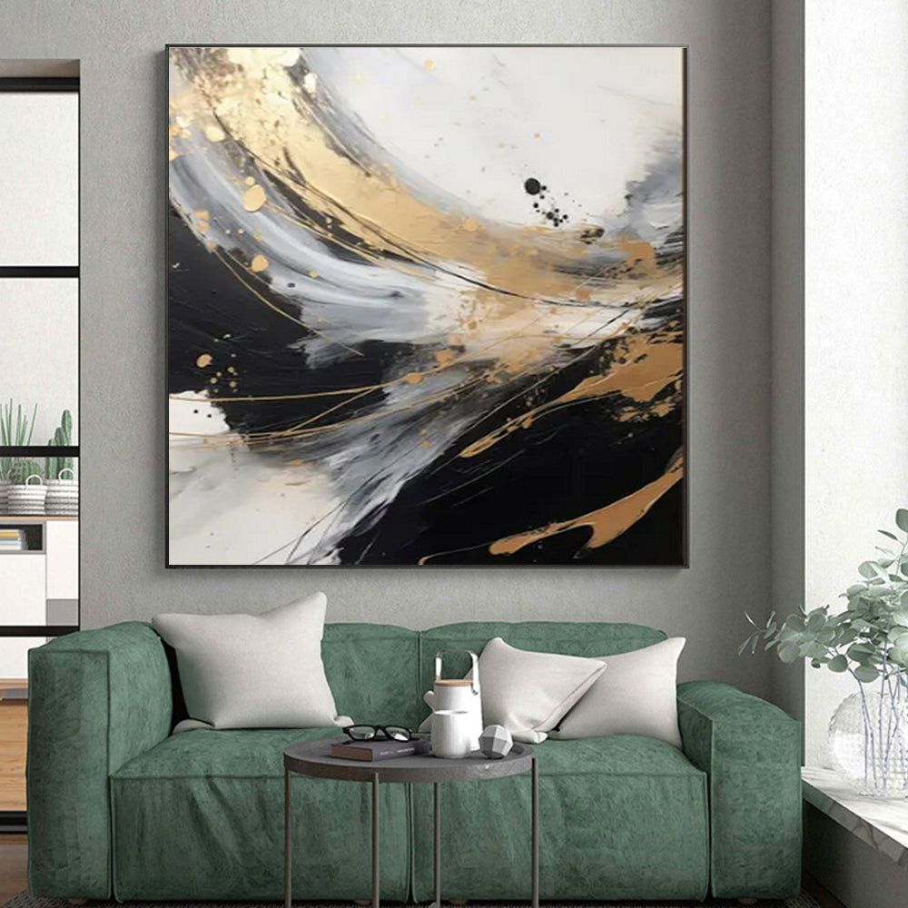 Black, White, Gold & Gray Dynamic Swirl "Midnight Gleam" Painting On Canvas PS0847