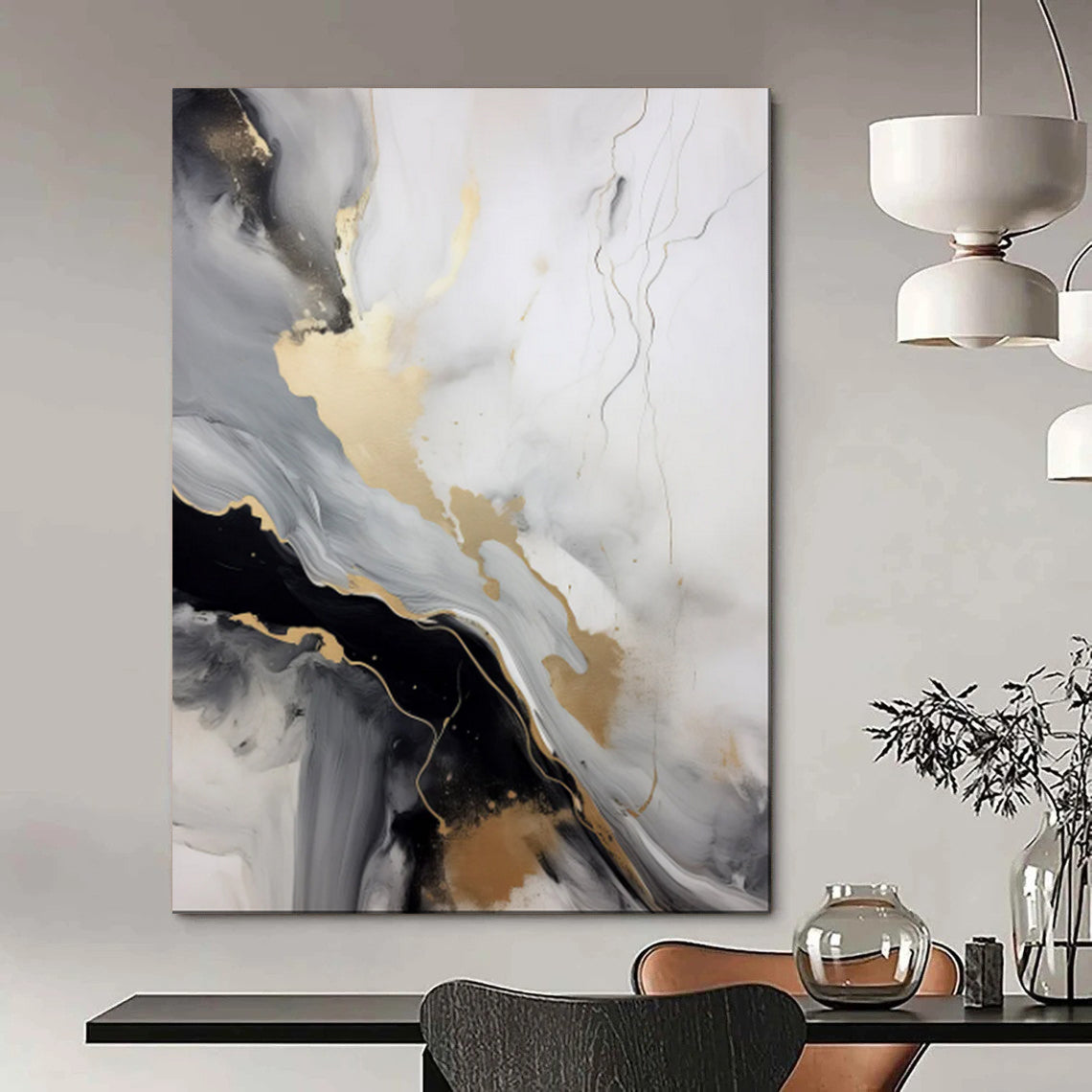“Black - White - Gold Abstract Fluid Art” - Abstract Painting On Canvas PT2065