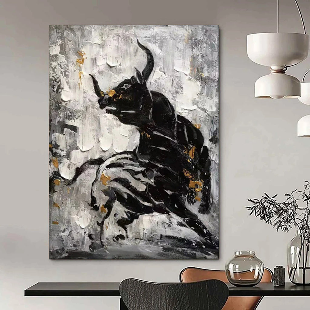 “Black - White - Gold Bull Abstract” - Expressionist Animal Painting On Canvas PT1968