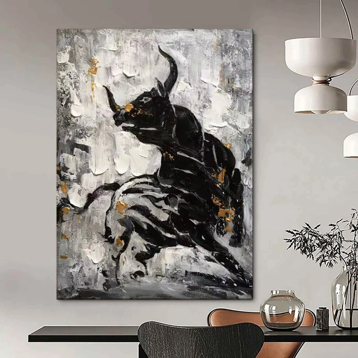 “Black - White - Gold Bull Abstract” - Expressionist Animal Painting On Canvas PT1968