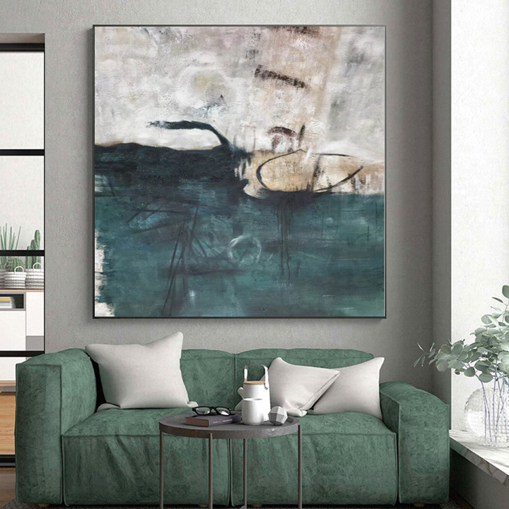 “Teal - Grey - White Abstract Mysterious Forms” - Abstract Expressionist Painting On Canvas PS0309
