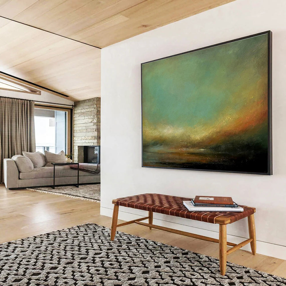 “Subtle Color Transition” - Green, Orange & Black Landscape, Impressionistic Oil Painting On Canvas DKS778