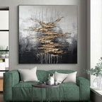 Silver, Black & Gold Textured Abstract "Metallic Cascade" Painting On Canvas PS0864