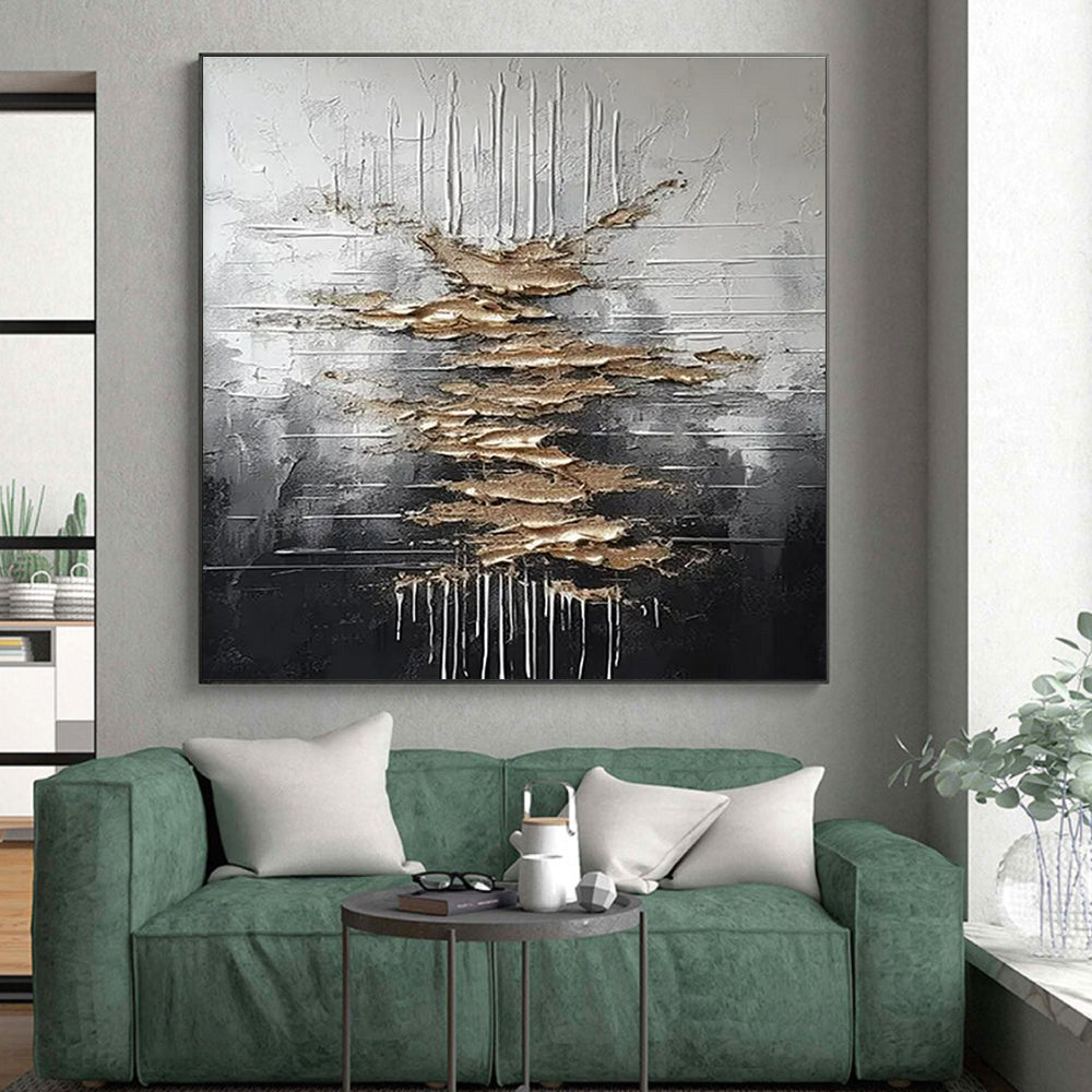 Silver, Black & Gold Textured Abstract "Metallic Cascade" Painting On Canvas PS0864