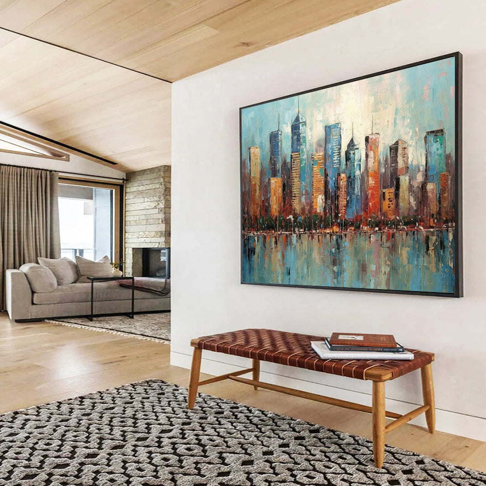 “Colorful Cityscape Reflection” - Impasto Urban Painting On Canvas PT077