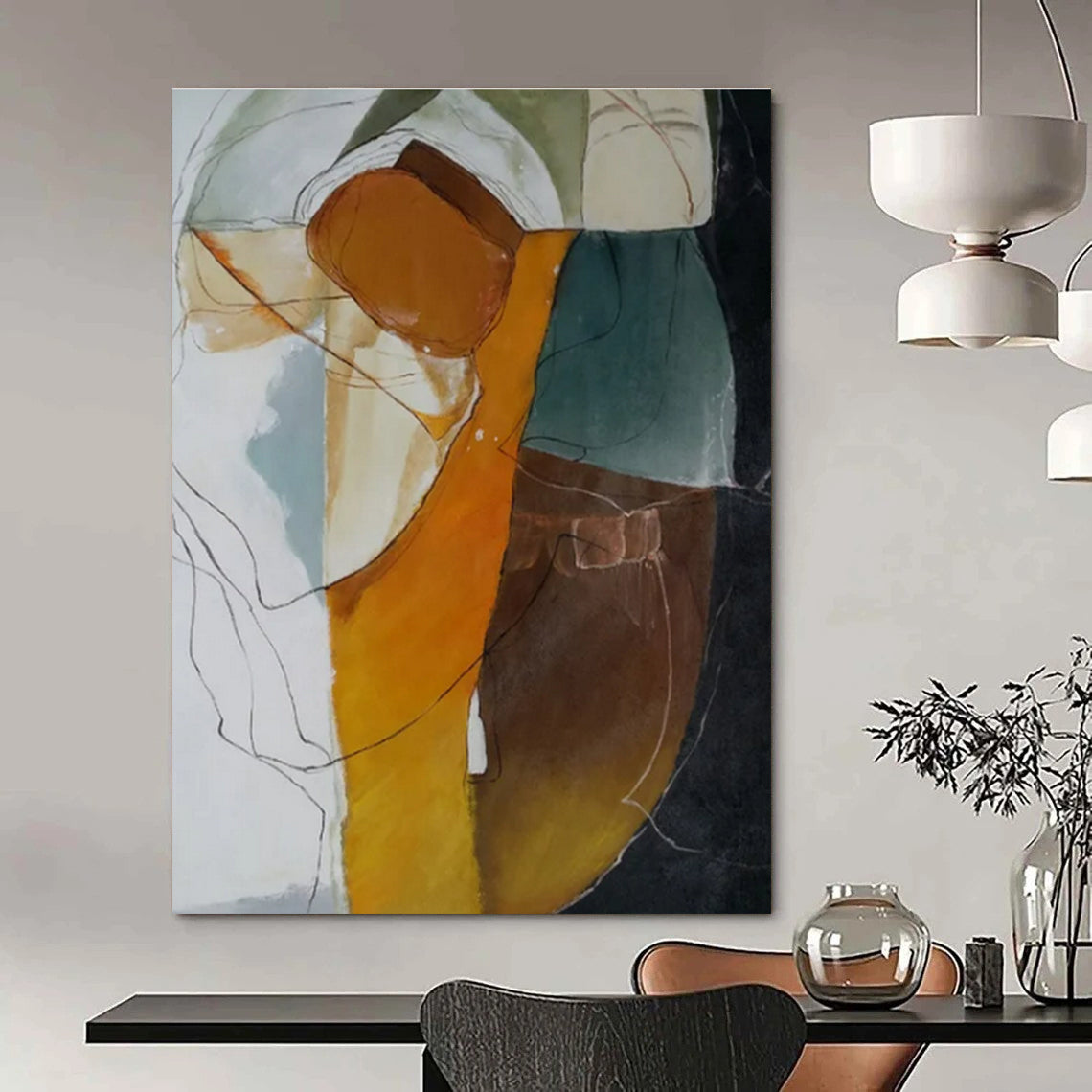 Orange, Green, Blue, White with Flowing Shapes "Colorful Fusion" Abstract Painting On Canvas PS1457