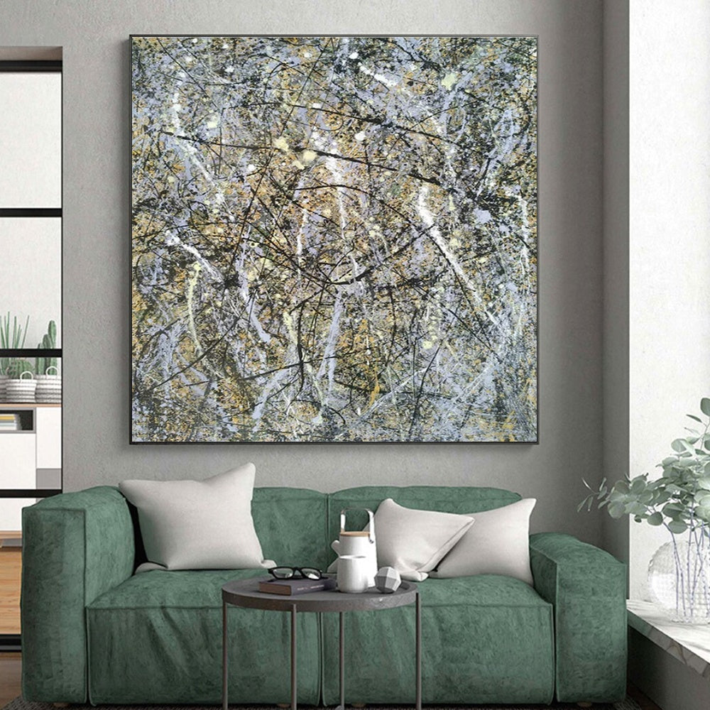 Sprawling Gray - Yellow Splatters, "Chaotic Harmony" – Action - Style Abstract On Canvas PS0905