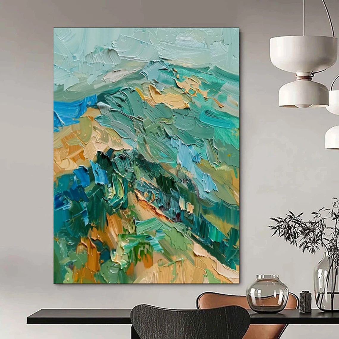 “Textured Green and Blue Impasto Landscape” - Impasto Landscape Painting On Canvas PT1938