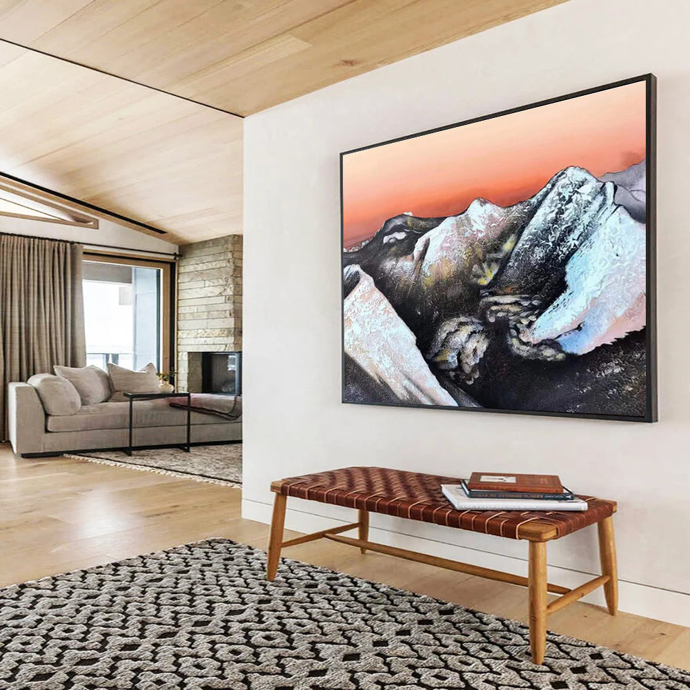 Snow - Capped Mountains & Orange Sky: Abstract Landscape Painting for Mountain - Themed Lounge & Art Gallery DKS651