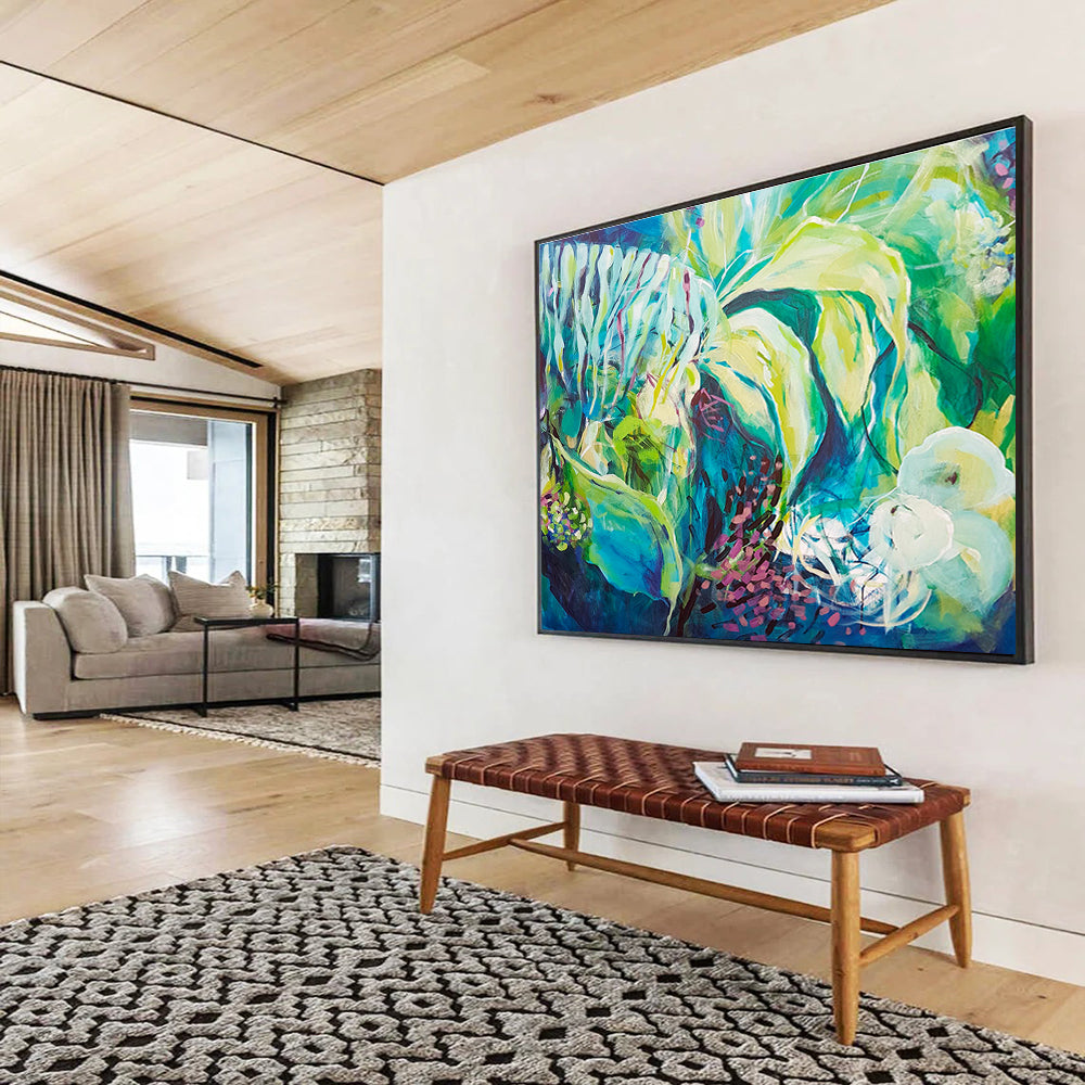 Vibrant Green & Blue Abstract Nature Painting On Canvas DKS055