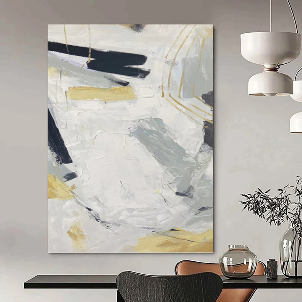 “Gray, White, and Gold Abstract” - Abstract, Luxe - Accented Painting On Canvas PT1587