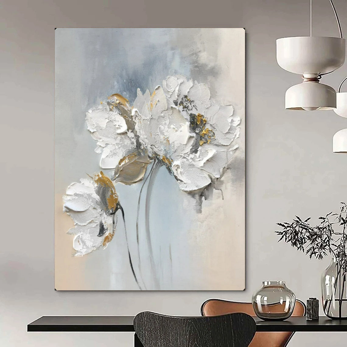 Elegant Blooms White & Gold Impasto Flowers, Painting On Canvas PT2149