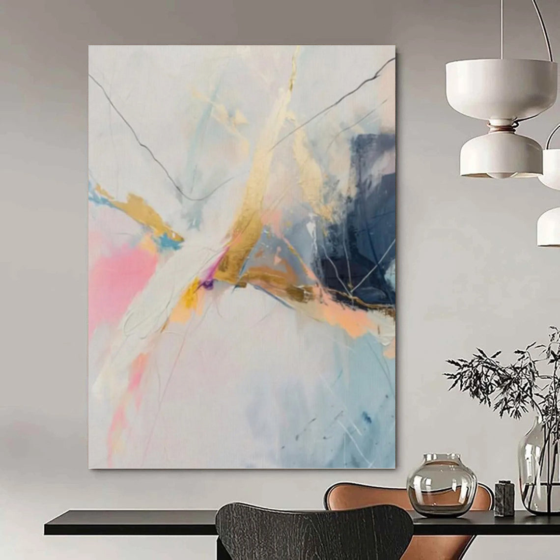 “Pastel and Gold Abstract” - Expressive Line Painting On Canvas PT0995