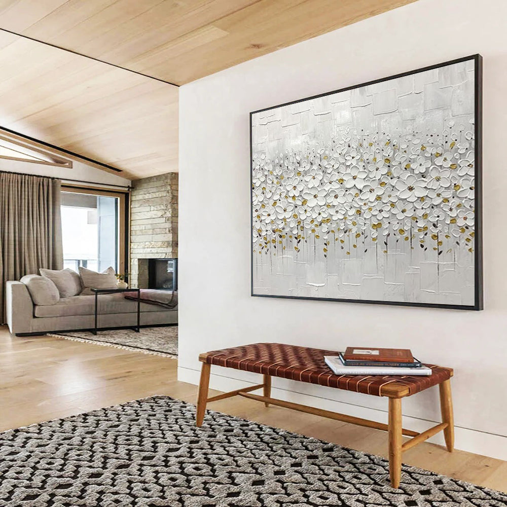 “White & Gold Floral Impasto” - Elegant Textured Painting On Canvas PT214