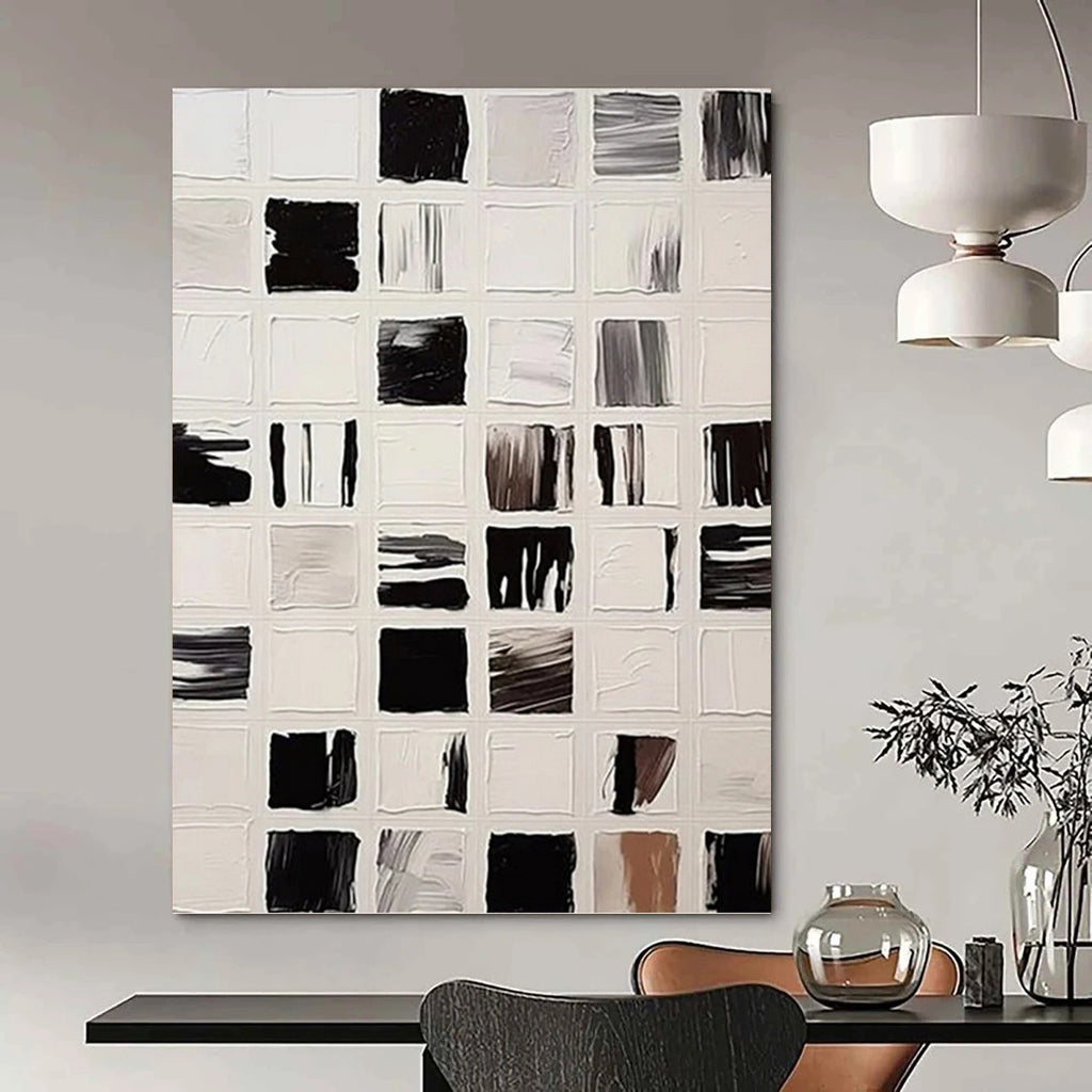 “Black - White Grid Textures” - Minimalist Grid Painting On Canvas PT1133