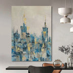 “Blue - Gold Abstract City Skyline” - Oil Painting On Canvas PT2080