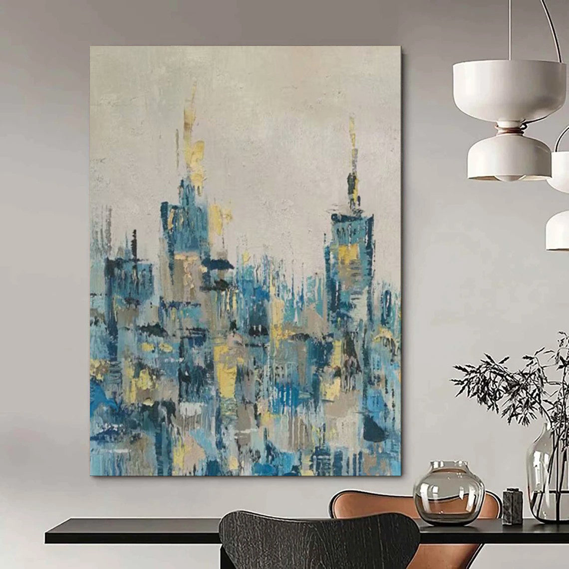 “Blue - Gold Abstract City Skyline” - Oil Painting On Canvas PT2080
