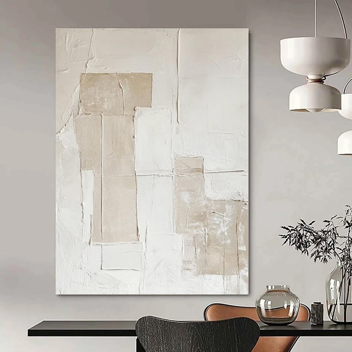 Beige, White with Textured Blocks "Textured Simplicity" Abstract Painting On Canvas PS1293