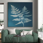 White Ferns on Blue, "Fern Fantasy" – Botanical Silhouette Painting On Canvas PS0874
