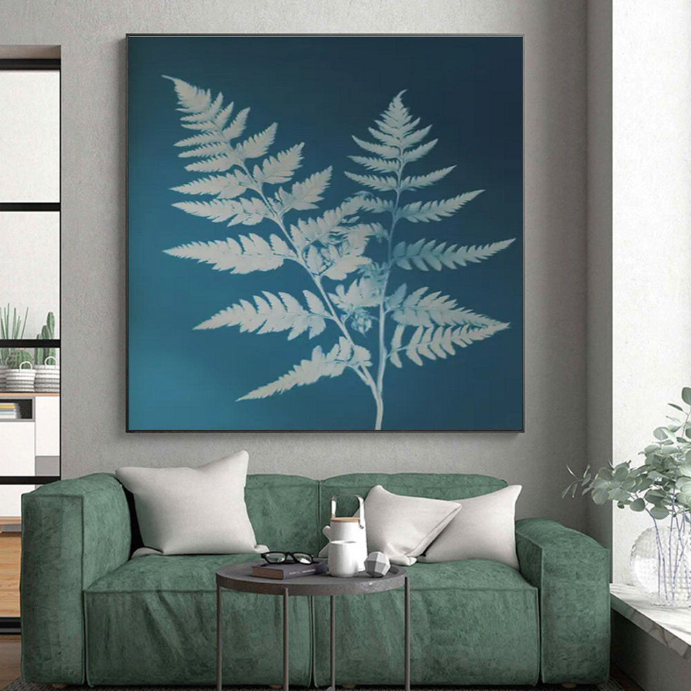 White Ferns on Blue, "Fern Fantasy" – Botanical Silhouette Painting On Canvas PS0874