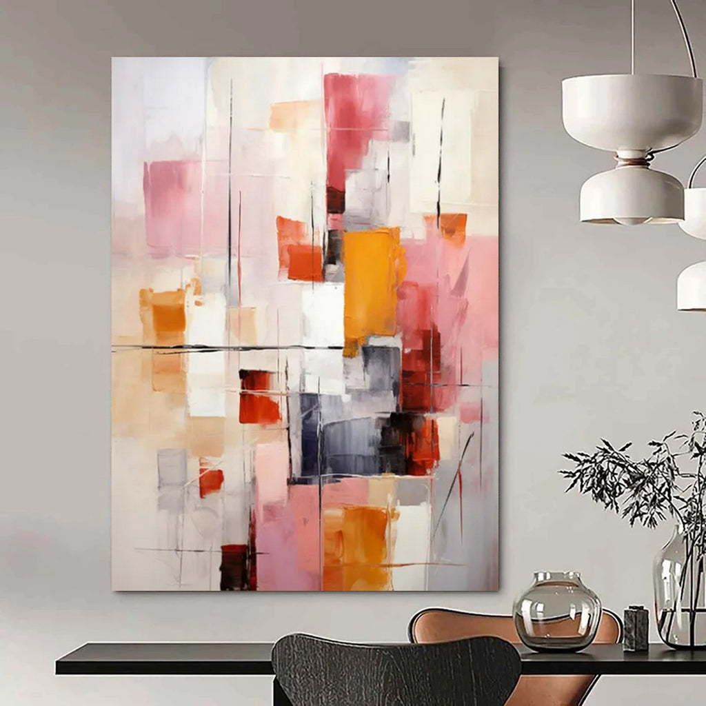 “Pink, Orange, and Gray Abstract” - Modernist Abstract Painting On Canvas PT2278