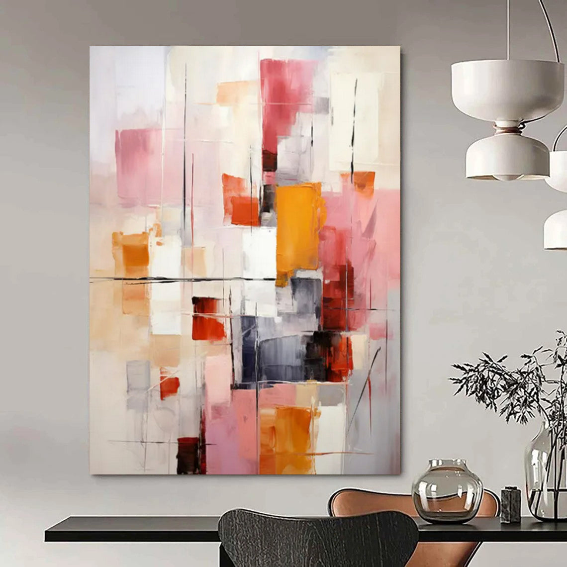 “Pink, Orange, and Gray Abstract” - Modernist Abstract Painting On Canvas PT2278